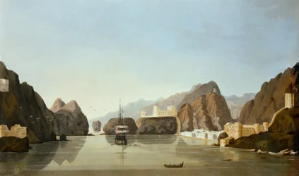 Muscat fra havnen med en britisk fregat for anker, fra Sixteen Views of Places in the Persian Golf, af løjtnant R. Temple, udgivet 1813 (akvatint)
