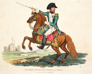 Napoleon Bonaparte, kejser af Frankrig, indgraveret af Romney, pub. af Richard Evans, illustration fra An Historical Account of the Battle of Waterloo af William Mudford, 1816