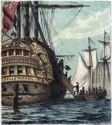 Napoleon I bliver leveret til englænderne. Boarding fra Napoleon til Sainte-Helene (Sainte Helene) ombord på Bellerophon den 15. juli
