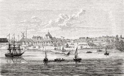 New Amsterdam, en hollandsk bosættelse fra det 17. århundrede på sydspidsen af Manhattan Island, Amerika, fra Ward and Lock