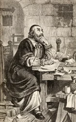 Nicholas Ridley skrev breve i fængslet, mens han afventede sin henrettelse, ca. 1865 (trægravering)