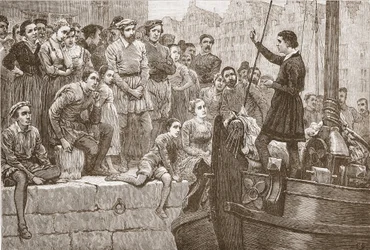 Nicholas prædiker for publikum fra en båd på Schelde, illustration fra The History of Protestantism af James Aitken Wylie (1808-1890), pub. 1878