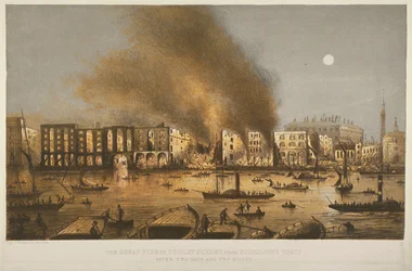 Nattebillede af branden i 1861 i Tooley Street, Bermondsey, 1861