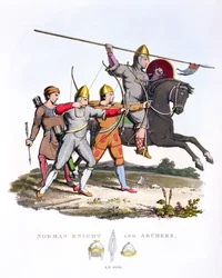 Norman Knight and Archers, 1066, fra Ancient Armour, af Samuel Rush Meyrick, 1824