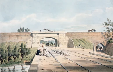 North Midland linje under Cromford Canal ved Bull Bridge, udgivet af Day und Haghe (farve litho)