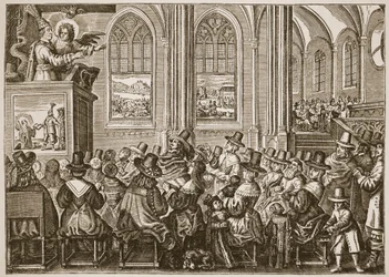 Oliver Cromwell prædiker for en puritansk menighed, illustration fra The Church of England: A History for the People af H.D.M. Spence-Jones, pub. ca. 1910 (sepiafoto)