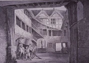 Ostler tilstede hest i gården til New Inn, Gloucester (trægravering)