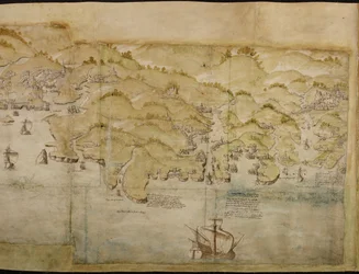 Del af et panoramakort over kysten fra Lands End til Exmouth, ca. 1539 (pen og blæk med vask på papir)