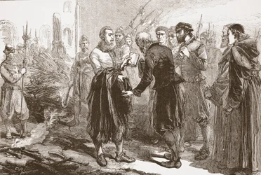Afsked mellem Patrick Hamilton og hans venner på bålet, illustration fra The History of Protestantism af James Aitken Wylie (1808-1890), pub. 1878