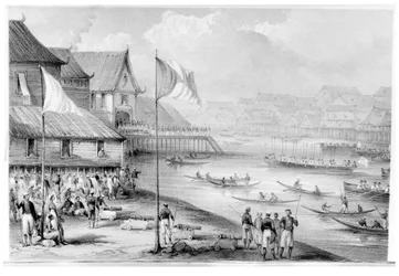 Pax Britannica ankommer til en landsby på Borneo, frontispice til bind 2 Narrative of Events in Borneo and Celebes, Down to the Occupation of Labuan af Rodney Mundy, 1848