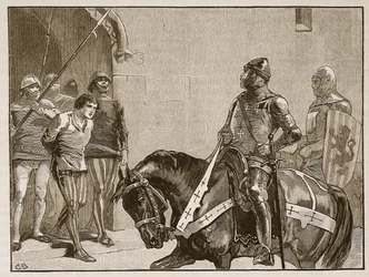Piers Gaveston før jarlen af Warwick, illustration fra Cassells Illustrated History of England (sepiafoto)