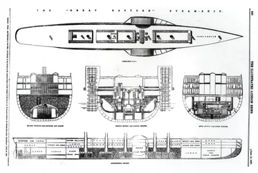 Plan og tværsnit af Great Eastern dampskib, 1857
