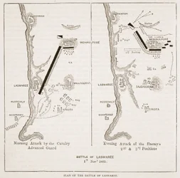 Plan for slaget ved Laswaree, illustration fra Cassells Illustrated History of India af James Grant, pub. 1879