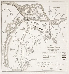 Plan for angrebet på Seringapatam, illustration fra Cassells Illustrated History of India af James Grant, pub. 1879