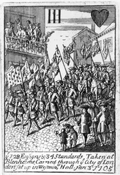 Spillekort, der forestiller fanerne og standarder taget i Blenheim, båret gennem City of London, 3. januar 1705