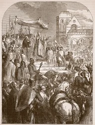 Pave Urban II prædiker det første korstog på markedspladsen i Clermont, 1096, illustration fra Cassells Illustrated History of England (sepiafoto)