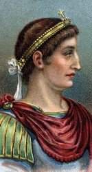 Portræt af Konstantin den Store (Konstantin I den Store, 270-337) - Fra serien "" Leaders of Men"" - Chromolithography - Engelsk Skole, 20. århundrede -
