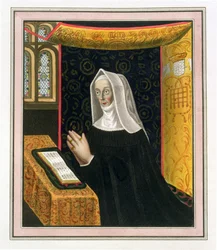 Portræt af Margaret Beaufort, grevinde af Richmond og Derby (1443-1509), grundlægger af St. Johns College, Cambridge, fra The History of Cambridge, pub. af R. Ackermann, 1815 (farveakvatint)