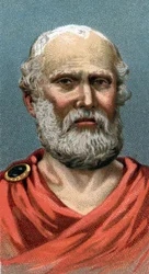 Portræt af Platon, athensk filosof - Platon - fra serien «Menneskenes ledere» - kromolitografi - Engelsk skole, 20. århundrede