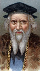 Portræt af Sebastiano Caboto (Sebastien Cabot) (Sebastian) (1477-1557) - Fra serien "" Leaders of Men"" - Chromolithography - English School, 20. århundrede -