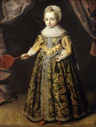 Portræt af en 3-årig dreng, stående i hel figur, i en grøn kjole broderet med guld, en kniplingshue og pibekrave, holdende et batteldore og en fjerbold, 1605