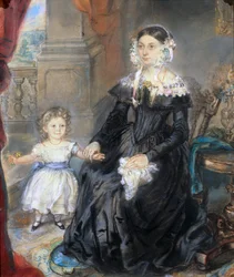 Portræt af en mor og et lille barn i et interiør, ca. 1830 (for par se 126404)