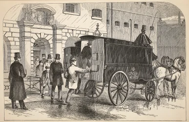 Fængselsvogn, der optager fanger i House of Detention, illustration fra The Criminal Prisons of London og Scenes from Prison Life af Henry Mayhew og John Binny, pub. 1862