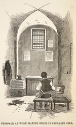 Fange på arbejde med at lave sko i separat celle, illustration fra The Criminal Prisons of London og Scenes from Prison Life af Henry Mayhew og John Binny, pub. 1862