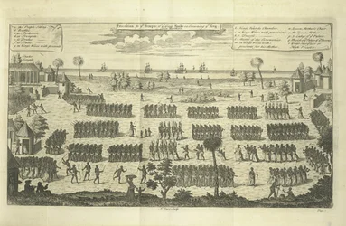 Procession til Den Store Slanges Tempel ved kroningen af kongen, illustration fra »En ny almen samling af sørejser og rejser, ... omfattende alt bemærkelsesværdigt af sin art i Europa, Asien, Afrika og Amerika«