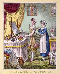 Progress of the Toilet - The Stays Plate 1, pub. af McCleary, London, 1810 (håndkoloreret gravering)