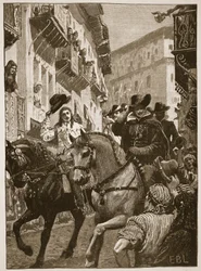 Offentlig reception af prins Charles i Madrid, illustration fra Cassell Illustrated History of England (sepia foto)