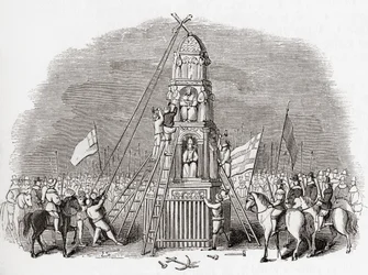 Puritanere ødelægger Cheapside Cross aka Eleanor Cross, London, England i 1643, fra Old England: A Pictorial Museum, pub. 1847