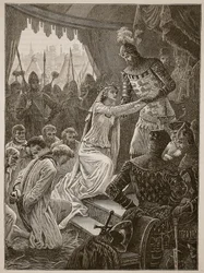 Dronning Philippa går i forbøn for Burghesses of Calais, illustration fra Cassells Illustrated History of England (sepia foto)