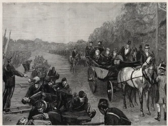 Dronning Victoria - Inspektionen af Hendes Majestæt Dronningen af oberst Seeys ambulancekorps i Windsor Park. Illustration til The Graphic