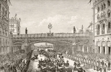 Dronning Victoria åbner Holborn Viaduct i 1869, fra »The National and Domestic History of England« af William Hickman Smith Aubrey (1858-1916), udgivet i London, ca. 1890