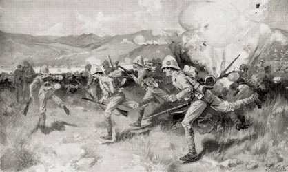 Dronningens Royal West Surrey Regiment ledede det centrale angreb under slaget ved Colenso, Natal, Sydafrika, fra 