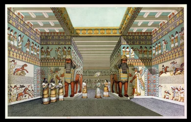 Genopbygning af hallen i et assyrisk palads, fra opdagelser i ruinerne af Nineve og Babylon af Austen Henry Layard (1817-94)