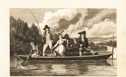 Regency-herrer og -dame, der fisker på en punt i Themsen