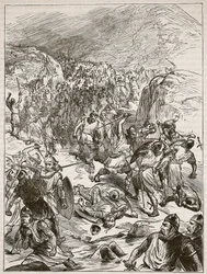 Repulse of the English at Corwen, illustration fra Cassells Illustrated History of England (sepia foto)