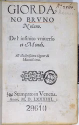 Res 28610 Titelside af De lInfinito Universo et Mondi af Giordano Bruno, udgivet i London, 1584 (trykt papir)