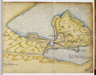 Richard Grenvilles plan af Tintagel, ca. 1583 (pen og akvarel på papir)