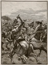 Richard III ved slaget ved Bosworth, illustration fra Cassells Illustrated History of England (sepia foto)