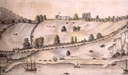 Flodlandskab med skibsfart og Dover Coach, ca. 1800 (pen og vask) (par 72976)