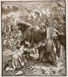 Robert beder sin far om undskyldning, illustration fra Cassells Illustrated History of England (sepiafoto)
