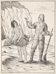 Robinson Crusoe og Friday, illustration fra The Story of Robinson Crusoe: En tilpasning for børn efter Defoes sprog, pub. af Griffith Farran Browne & Co. Limited, London