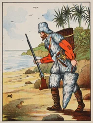 Robinson Crusoe, illustration fra The Story of Robinson Crusoe: En tilpasning for børn efter Defoes sprog, pub. af Griffith Farran Browne & Co. Limited, London