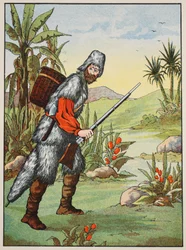 Robinson Crusoe, illustration fra The Story of Robinson Crusoe: En tilpasning for børn efter Defoes sprog, pub. af Griffith Farran Browne & Co. Limited, London