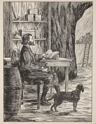 Robinson Crusoe i sin hule, illustration fra The Story of Robinson Crusoe: An adaptation for children following Defoes language, pub. af Griffith Farran Browne & Co. Limited, London