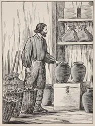 Robinson Crusoe i sit lagerrum, illustration fra The Story of Robinson Crusoe: En tilpasning for børn efter Defoes sprog, pub. af Griffith Farran Browne & Co. Limited, London