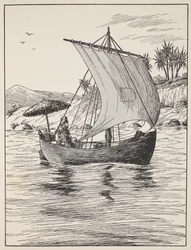 Robinson Crusoe på sin båd, illustration fra The Story of Robinson Crusoe: En tilpasning for børn efter Defoes sprog, pub. af Griffith Farran Browne & Co. Limited, London